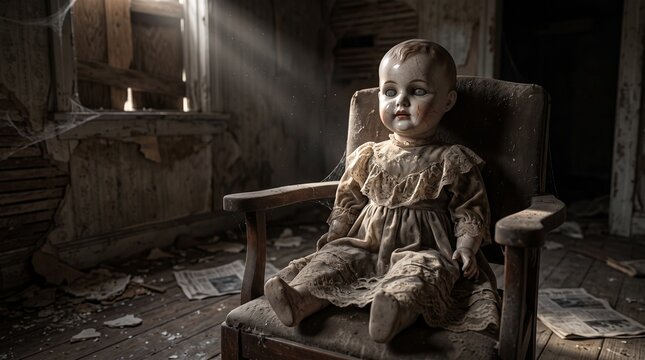 Weathered porcelain doll with cracked face in abandoned room with cobwebs and peeling wallpaper