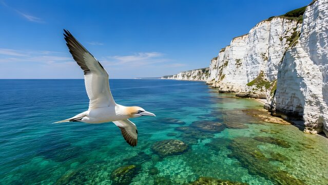 Northern gannet flying near white chalk cliffs Ai Generated