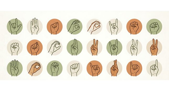 Sign language hand gesture icons in muted circular frames