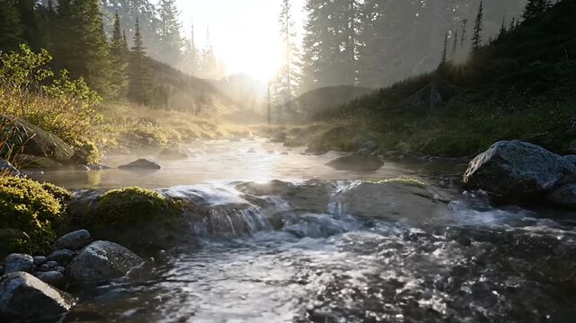 Serene mountain river flowing gently downstream.
