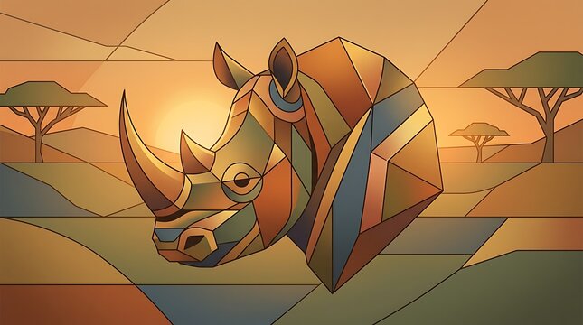 Geometric rhino head portrait against sunset savanna background