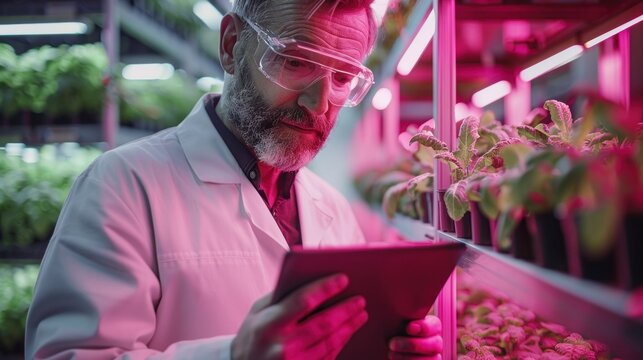 Man farmer with tablet in hand working on a vertical farm of organic plants under artificial pink LED light. Hydroponics system. Agricultural technology.