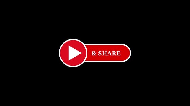 Animation of YouTube subscribe, like, comments, and share buttons on a black background with alpha channel.