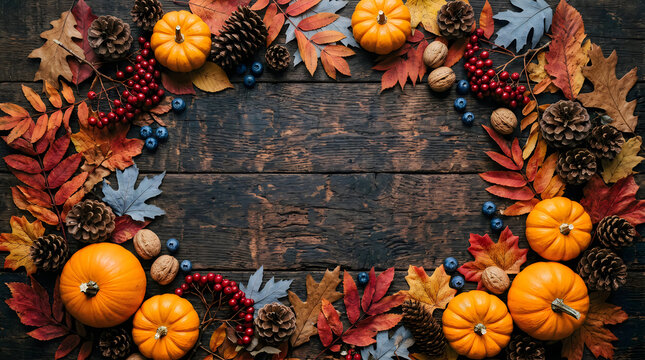 Rustic wooden background decorated with colorful autumn leaves and small pumpkins for a festive thanksgiving celebration