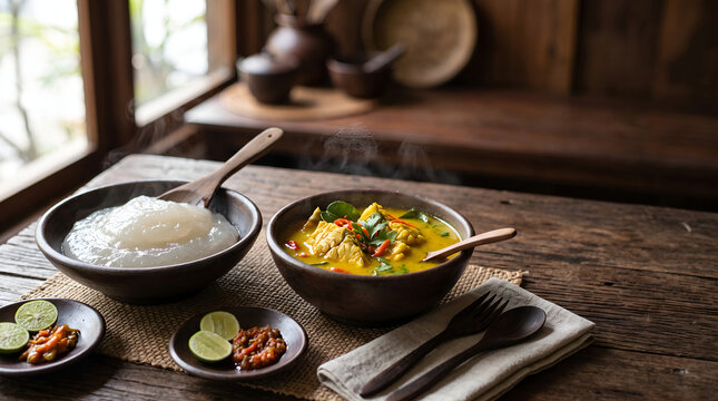 Traditional papeda with golden fish soup photographed naturally for Indonesian cuisine campaigns, restaurant menus, tourism promotion, food publishing, and commercial advertising.