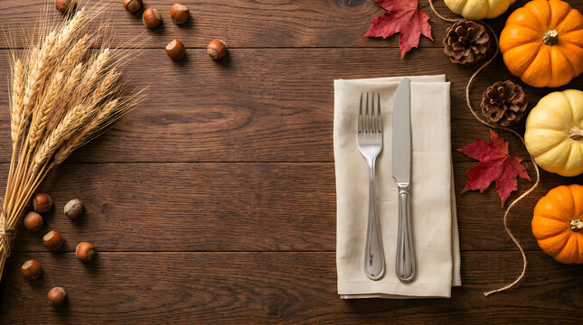 Rustic wooden table setting decorated with pumpkins and wheat for a festive traditional thanksgiving holiday dinner
