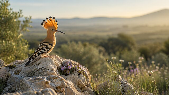 Hoopoe bird standing on a rock in a green forest Ai Generated