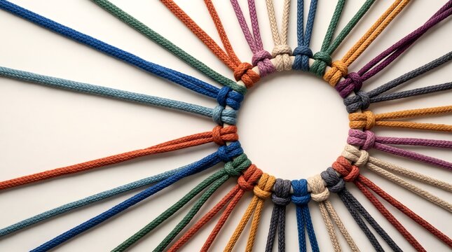 Colorful ropes tied to central ring representing team unity diversity and integrated business network connection