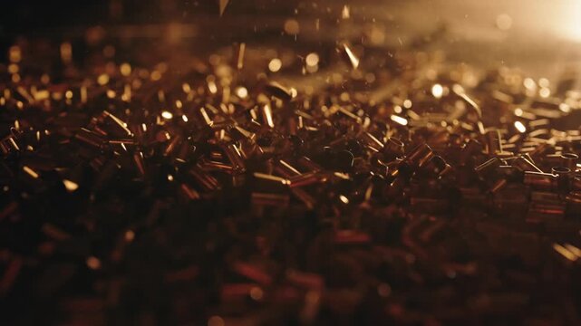 Slow motion close-up of a large pile of smoking bullet casings falling onto the ground, with a warm backlight creating a dramatic atmosphere after a firefight or at a shooting range