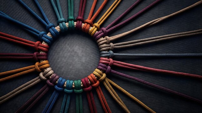 Diversity and teamwork concept featuring colorful ropes connected to a central ring representing community integration