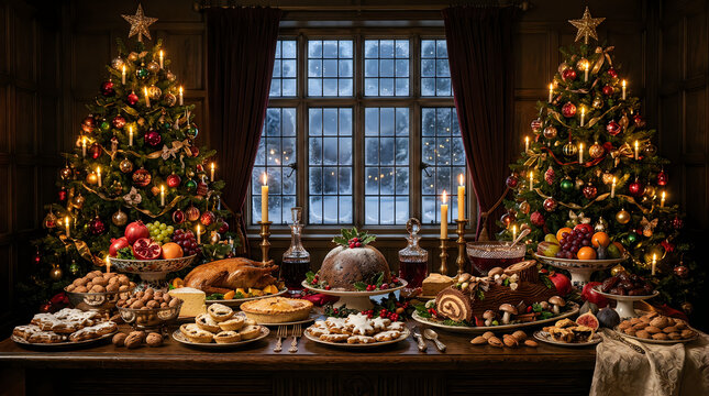 A lavishly decorated dining table featuring a traditional thanksgiving feast surrounded by beautiful glowing christmas trees