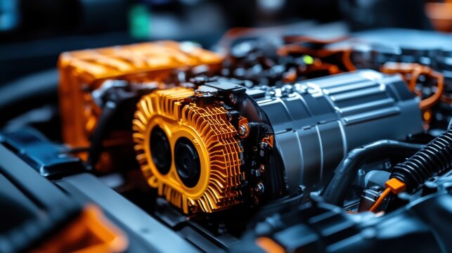 Detailed close up of electric vehicle engine technology showcasing exposed electric motor components