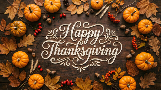 A festive happy thanksgiving greeting featuring small orange pumpkins and dried autumn leaves on wooden background