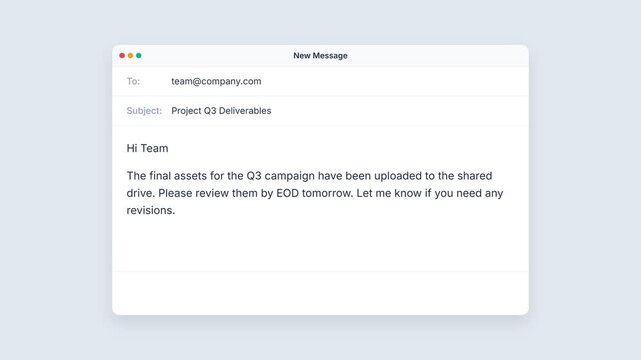 Business email communication, modern interface with message composition, typing text, seamless loop, symbolizing corporate correspondence, teamwork, and project management