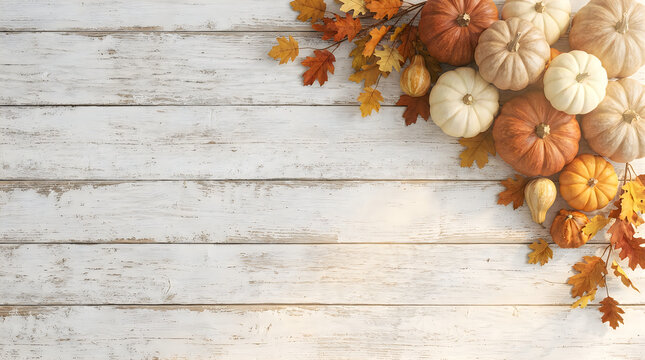 Rustic white wooden background decorated with colorful pumpkins and autumn leaves for a festive thanksgiving celebration