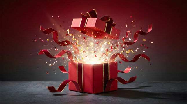 A magical red gift box opening with glowing sparkles perfect for a festive thanksgiving holiday celebration