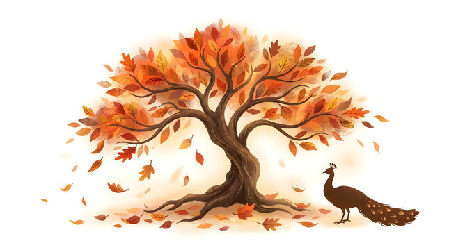 A beautiful watercolor illustration of a vibrant autumn tree with a peacock for your thanksgiving celebration