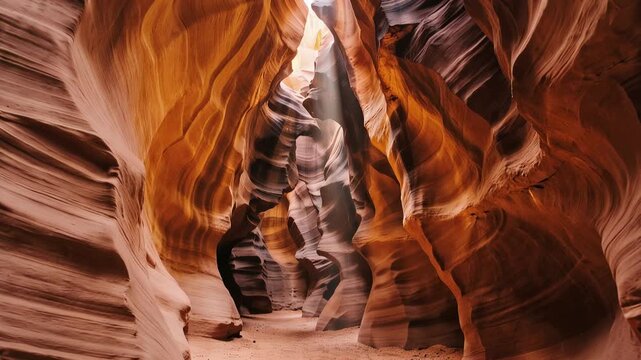 Narrow sandstone canyon with gracefully curving rock walls, glowing amber and crimson layers, intricate textures, breathtaking geological formations, 4K video