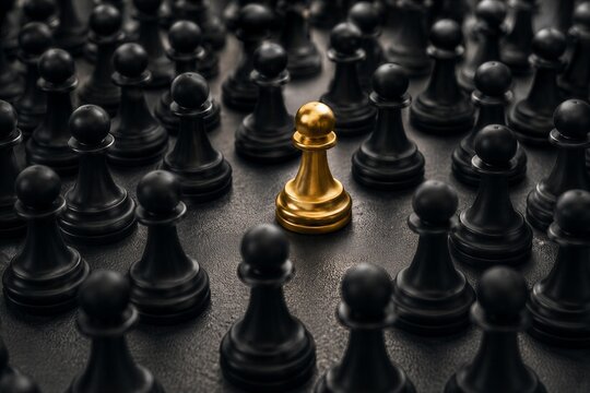 Gold chess pawn among black pawns representing leadership, competition, and standing out from the crowd