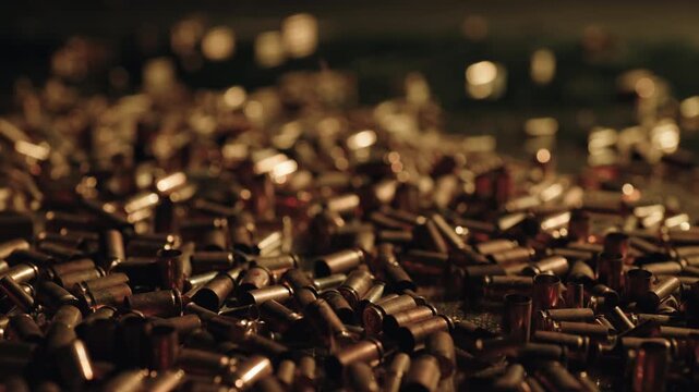 Golden bullet shells falling in slow motion, accumulating into a large pile. Numerous shiny, golden bullet shell casings falling and bouncing in a large pile, filmed in dramatic slow motion