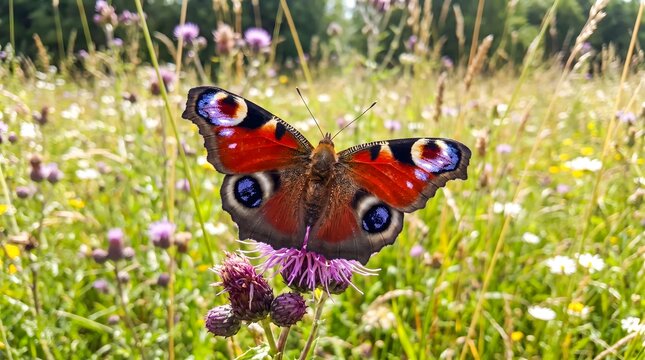 European Peacock Butterfly Displaying Spectacular Red and Blue Eye Patterned Wings