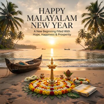 Happy malayalam new year celebration with traditional oil lamp with vibrant flower rangoli