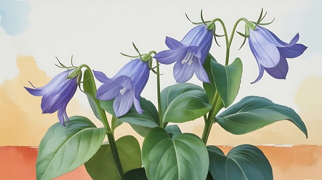 Purple bellflower blossoms with green leaves in a watercolor painting style against a soft abstract background