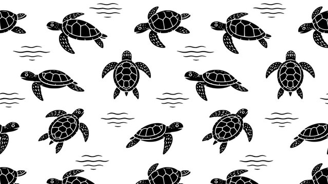 Sea turtle swimming pattern with water ripples black silhouette illustrations on transparent background vector.