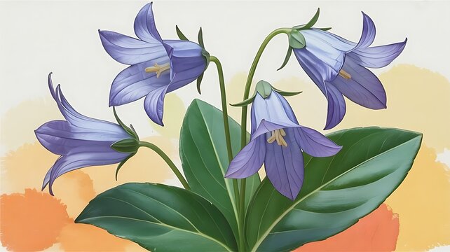 Illustration of purple bellflowers with green leaves on a soft watercolor background for botanical design projects