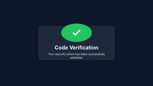 Code Verification, Green checkmark on dark blue, Security token validated, symbolizing authentication, approval, and security, seamless loop.