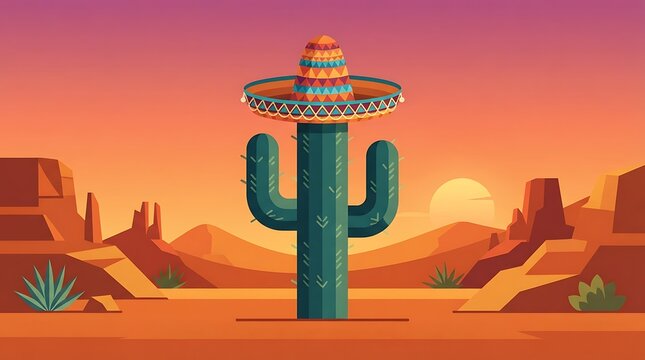 Cactus wearing a colorful sombrero hat in a desert landscape at sunset vector illustration for travel design