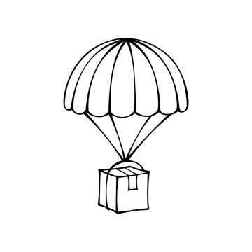 Hand drawn doodle vector illustration of a cardboard box package dropping with a parachute for express delivery shipping concept