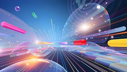 Fototapeta premium Abstract futuristic digital transformation background with colorful floating geometric shapes, light effects and speed lines