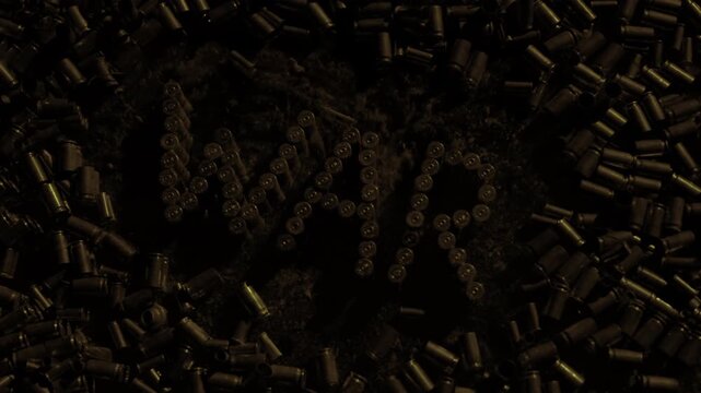 Empty brass bullet casings spelling out the word war on a dirty, dark ground background, symbolizing conflict, violence, and the grim consequences of armed combat and military aggression
