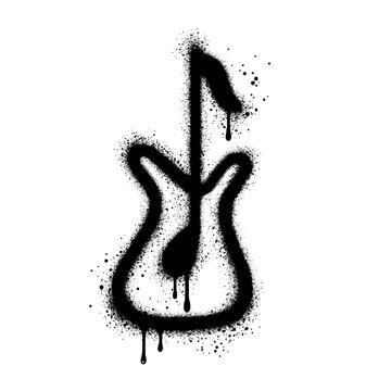 Graffiti guitar and music note symbols spray painted black on a white background.