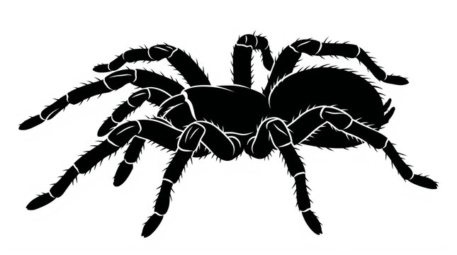 Tarantula spider illustration features a detailed black silhouette of a hairy arachnid isolated against a clean white background.