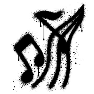 Graffiti music note symbols spray painted black on a white background.