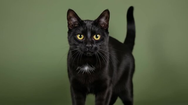 Close-up video of a sleek black cat with yellow eyes walking and looking curiously at the camera against a green background in a studio