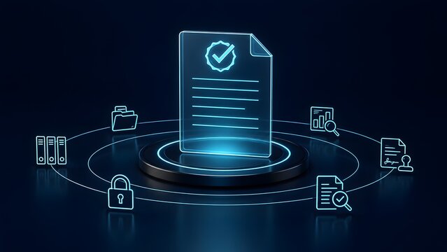Digital compliance certificate concept with glowing checkmark document and security icons representing online data verification