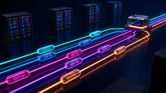 High speed digital data packets traveling through colorful fiber optic streams toward a central network routing server