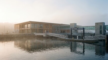 Fototapeta premium Modern waterfront architecture building reflecting in calm water at dawn
