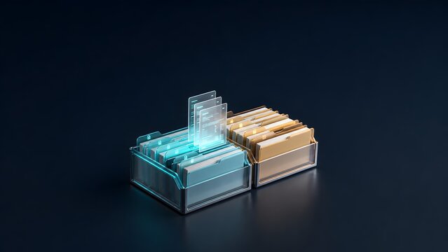 Electronic document management system showing glowing digital files floating above physical folders in a modern office organizer