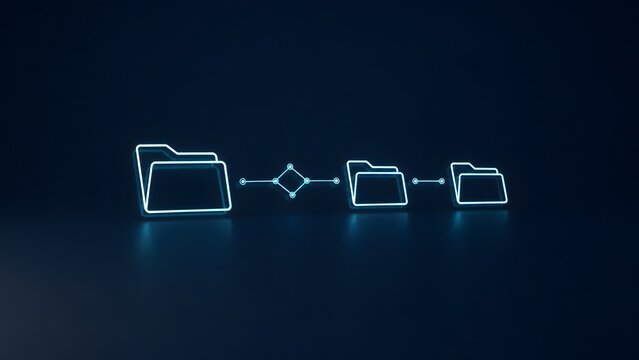 Decentralized digital file sharing network concept featuring glowing connected folder icons on dark background