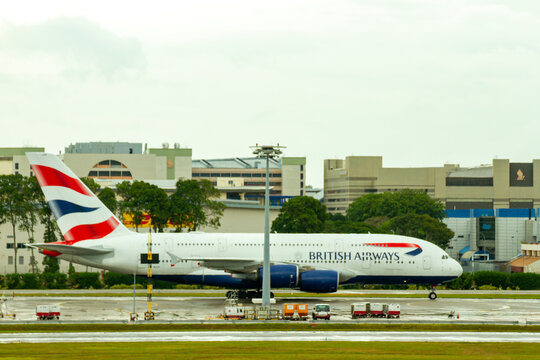 Changi, Singapore - &lrm;&lrm;&lrm;&lrm;&lrm;&lrm;February 9, 2020 : An Airbus A380-800 Airplane of British Airways Taxiing at Changi Airport.