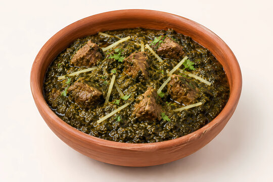 Traditional Saag Gosht with Tender Meat Served in Terracotta Bowl
