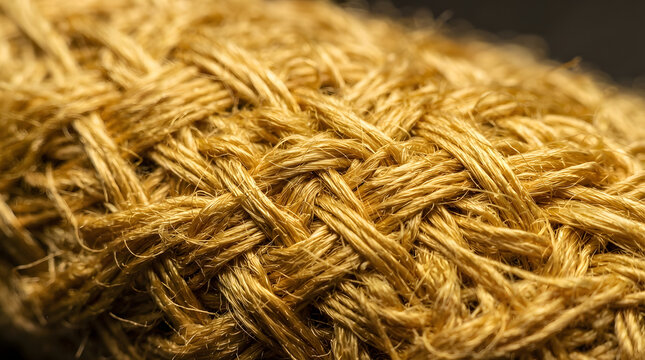 Macro view of woven golden natural fiber rope texture showing detailed interlaced strands for organic rustic design material background.