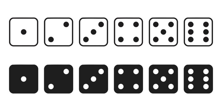 Dice face icon set from one to six in outline and solid black vector style for games gambling probability design