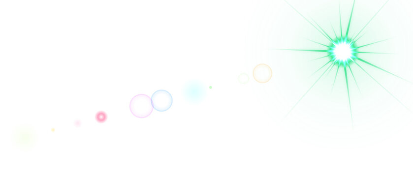 A bright green starburst lens flare effect with colorful bokeh circles captured as an isolated object on transparent isolated on transparent background
