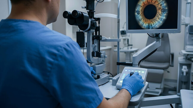 Doctor performing eye surgery using microscope and tools