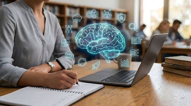 Person studying with brain and technology icons overlay